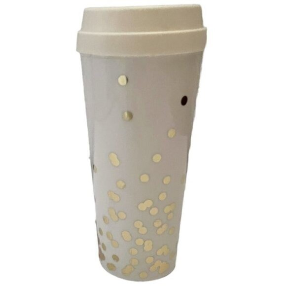Kate Spade New York Off White Gold Polka Dots Thermal Mug 16 oz Coffee Tumbler - Picture 2 of 8